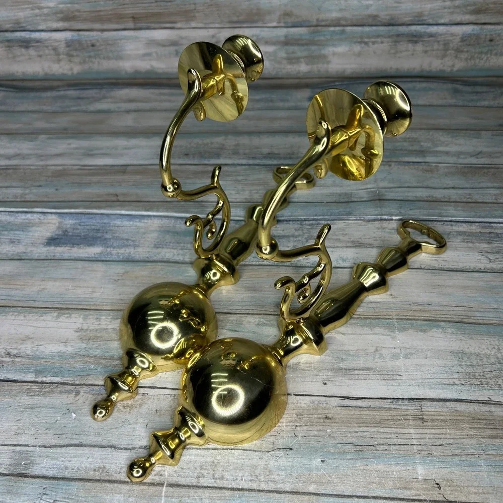 Brass Wall Sconce Candle Stick‎ Holders Pair Single Arm Regency Vintage